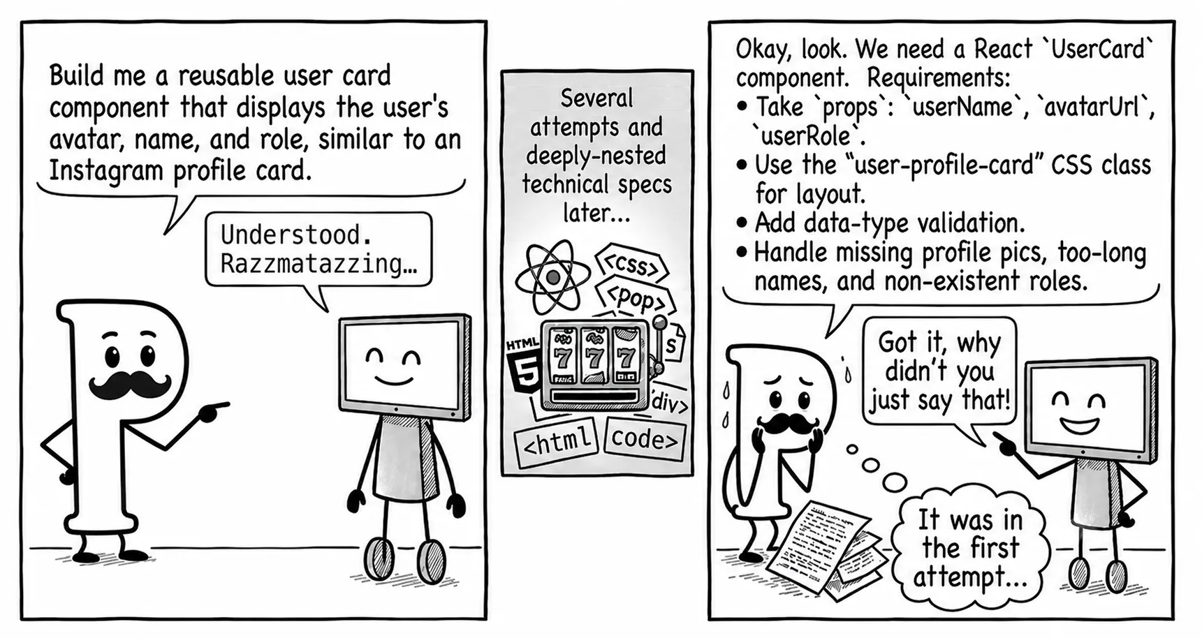 Three panels. In the first, a mustachioed letter P asks a smiling computer for a reusable user card component “similar to an Instagram profile card”, and the computer answers “Understood. Razzmatazzing…”. A narrow middle panel shows a slot machine spinning HTML, CSS, React and stray tags. In the third, a sweating P reads out a precise bulleted spec of props, CSS class, validation and edge cases; the computer says “Got it, why didn’t you just say that!” while P thinks “It was in the first attempt…”.